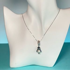925 Silver 20 Inch Box Chain Necklace with Freshwater Pearl Penguin Charm